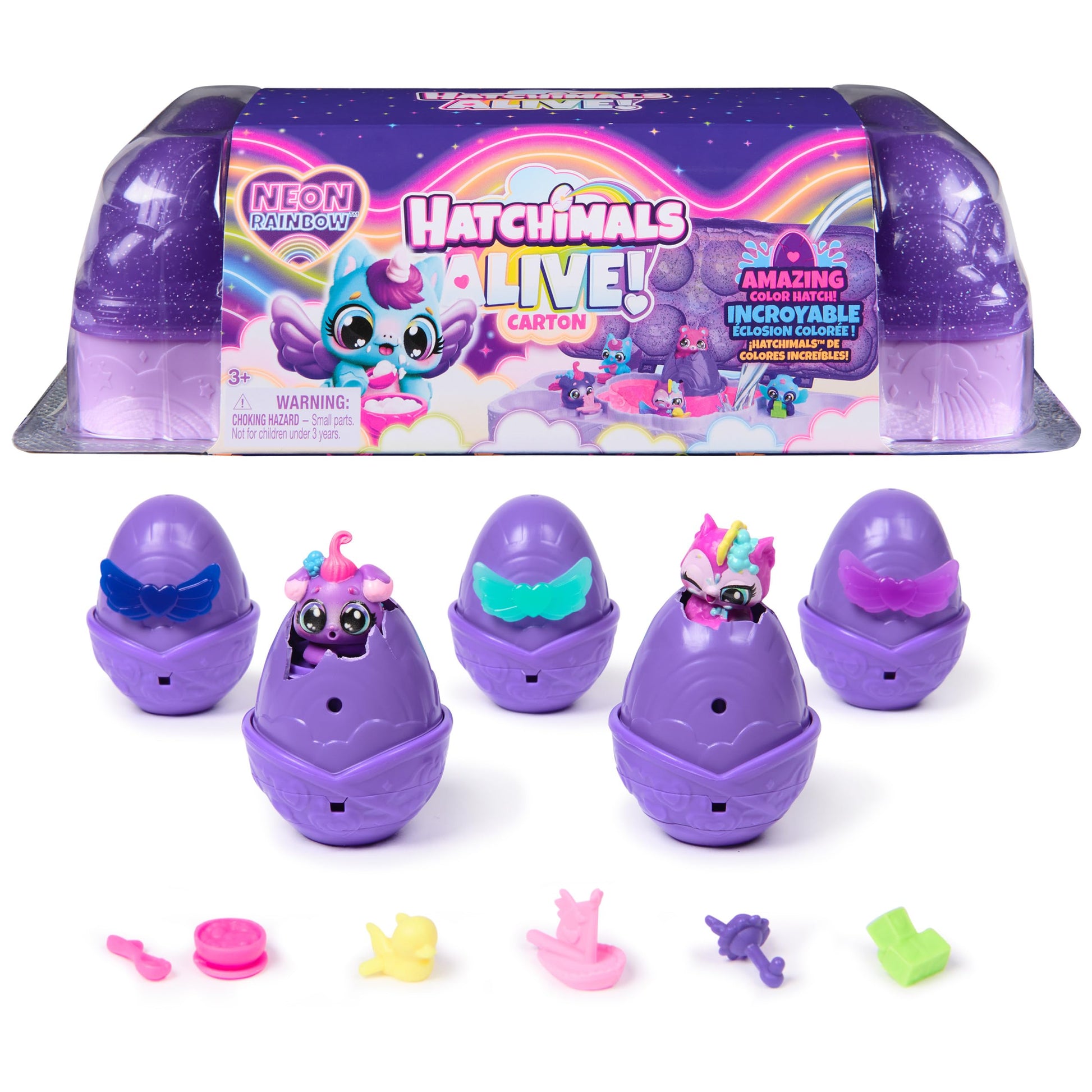 Hatchimals Alive, Neon Rainbow Egg Carton Toy with 5 Mini Figures in Color Reveal Eggs & 11 Accessories, Kids Toys for Girls & B