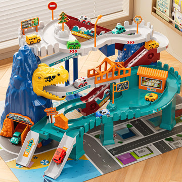 Niplooow Dinosaur Race Track Playset For Boys Kids 3-5, Dinosaur Climbing Hills Car Track Play Set With 10 Mini Racer Cars, Kids