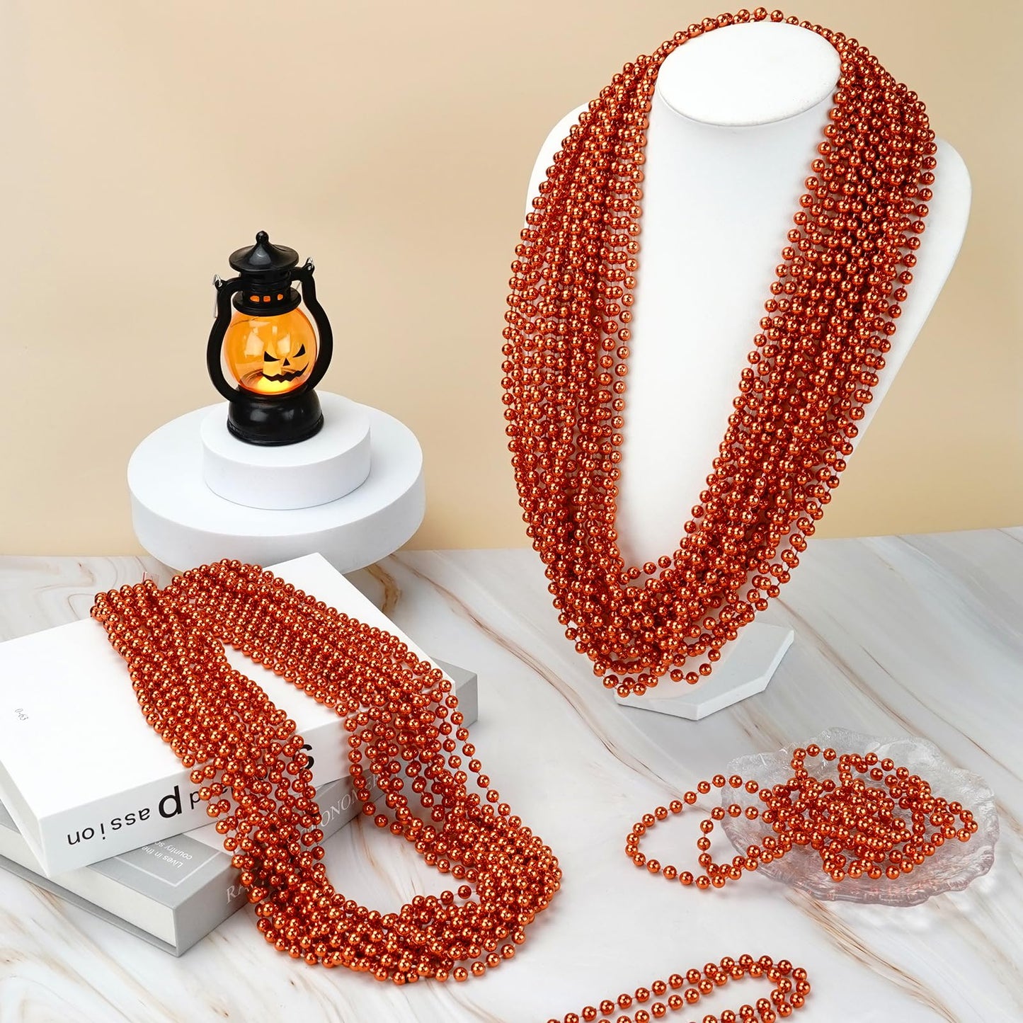 YAXINRUI 33 Inch 7 mm Metallic Orange Bead Necklaces, 15pcs Mardi Gras Beads Bulk Round Beaded Necklaces Costume Necklace for Ma