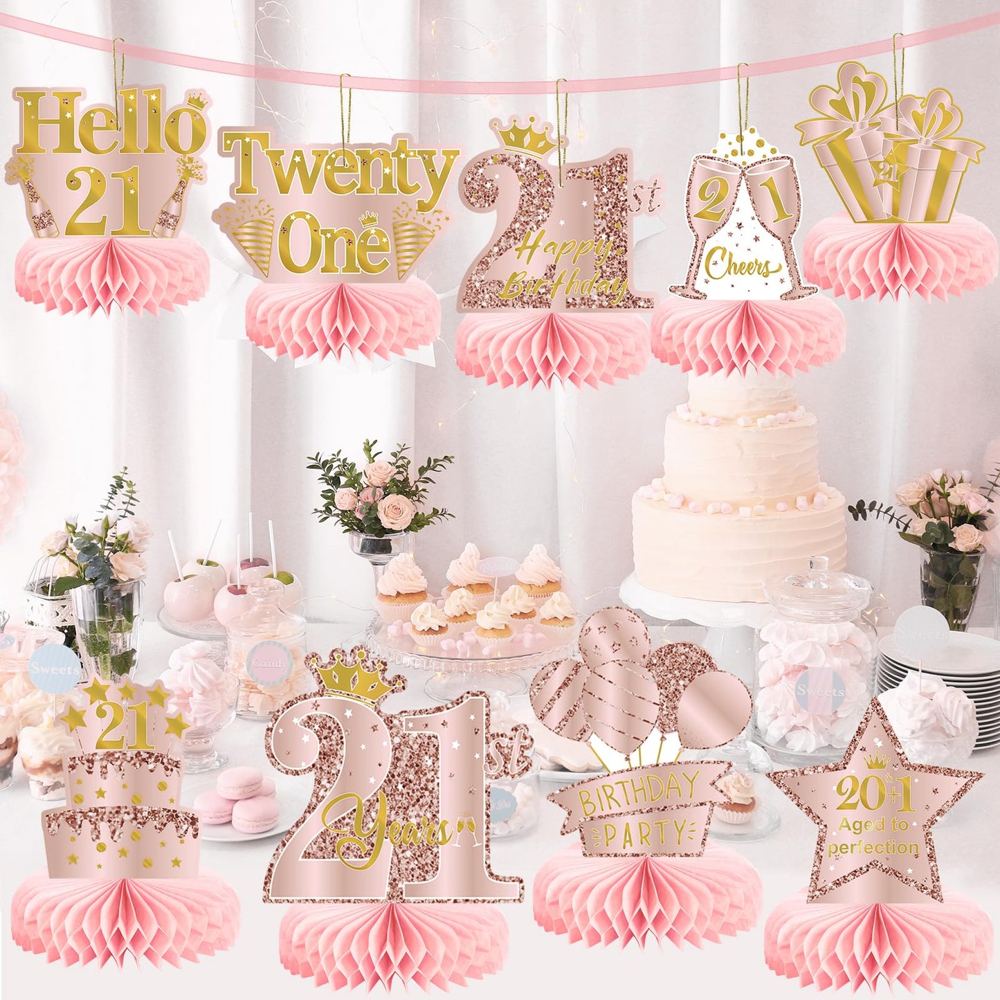 9Pcs 21St Birthday Decorations Pink Rose Gold Honeycomb Centerpieces For Women Girls,Happy 21St Birthday Table Centerpieces Part