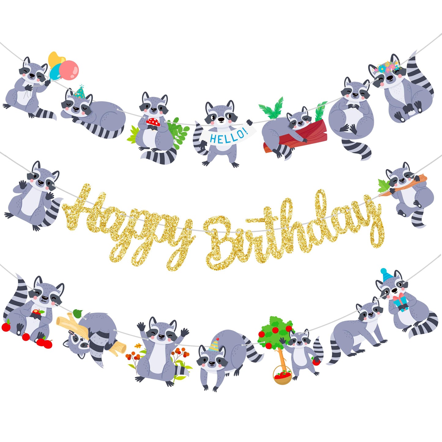 Raccoon Birthday Party Banners 3Pcs Gold Glitter Happy Birthday Decorations Woodland Themed Forest Animal Baby Shower Supplies