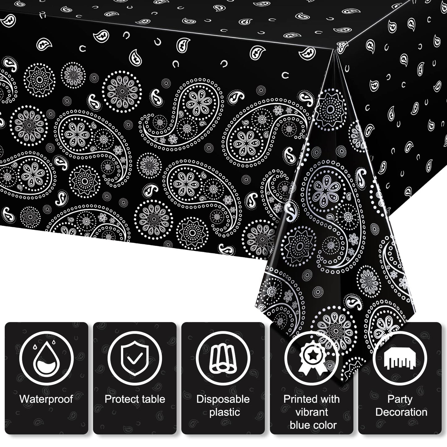 Western Party Tablecloth Paisley Table Cover Bandana Plastic Table Cloth Rectangle Floral Tablecloth For Western Cowboy Themed Party Decorations, 108 X 54 Inches (Black, 3 Pack)