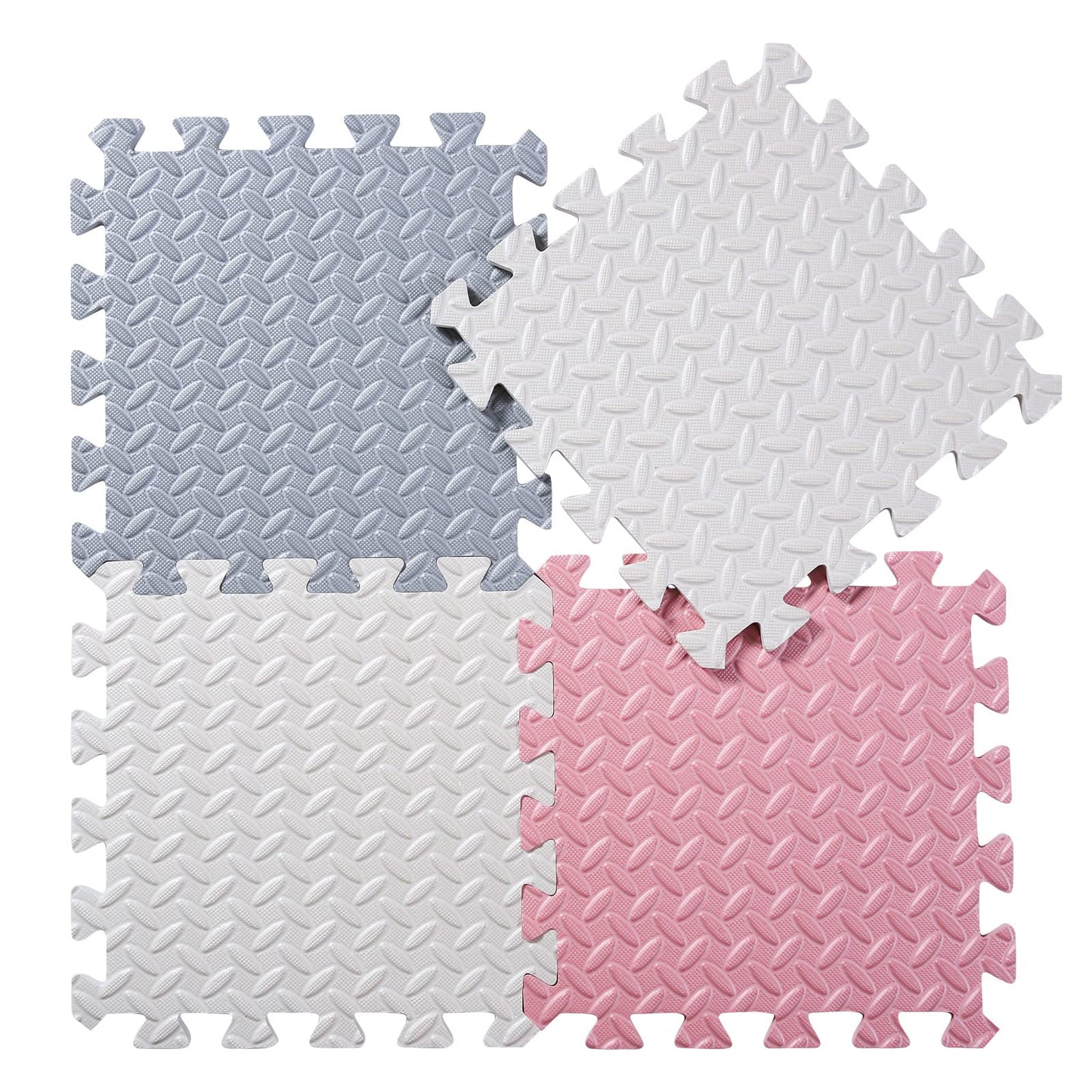 Tamiplay Foam Floor Mats For Kids, 12 X 12 Inch 16 Tiles 0.4' Thickness Foam Play Mat, Non-Toxic Square Interlocking Floor Mats Rubber Baby Play Mat For Toddlers(White/Gray/Lori Pink)