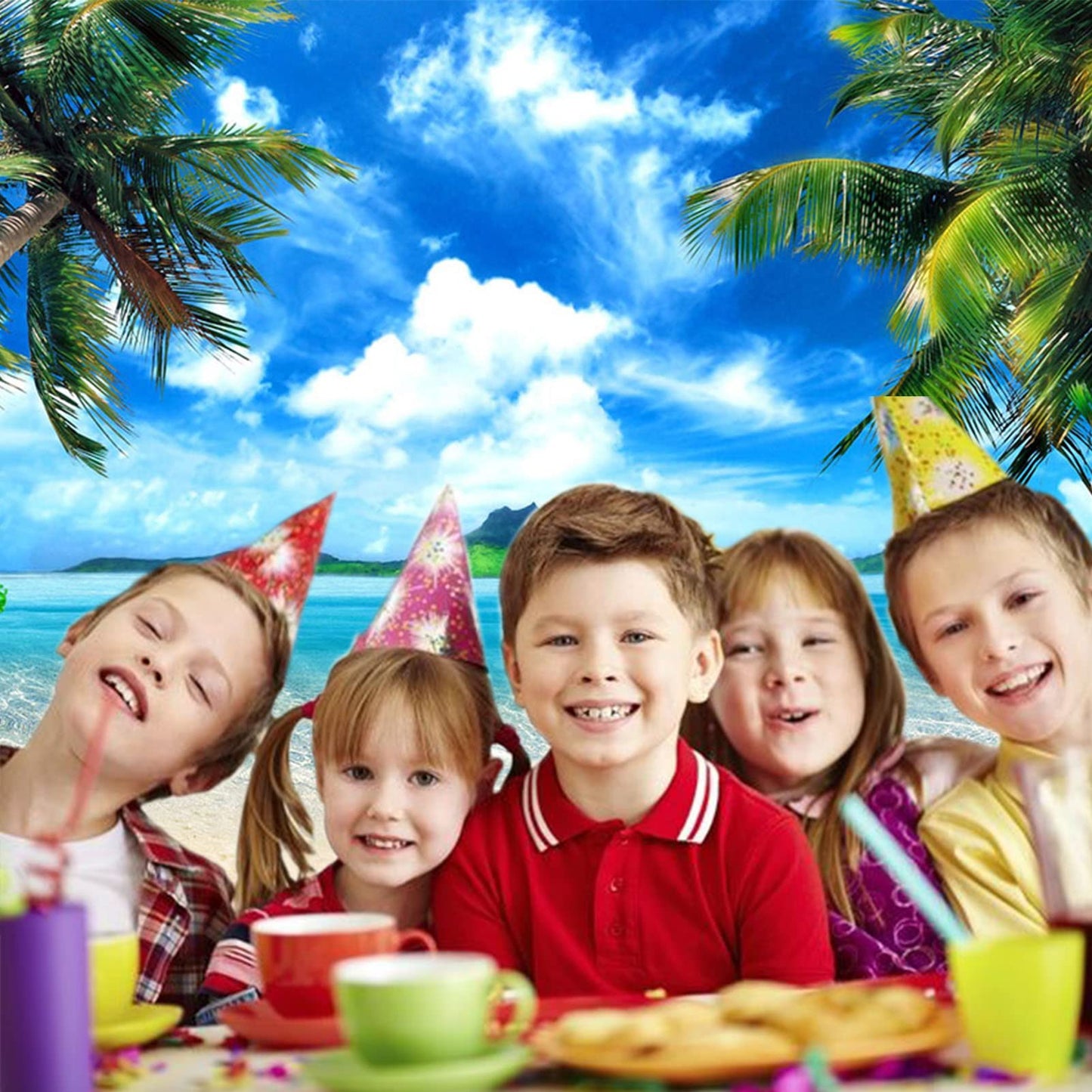 Summer Beach Theme Backdrop Hawaiian Ocean Blue Sky Seaside Tropical Palm Trees Luau Background Birthday Party Decor Banner 8X6F