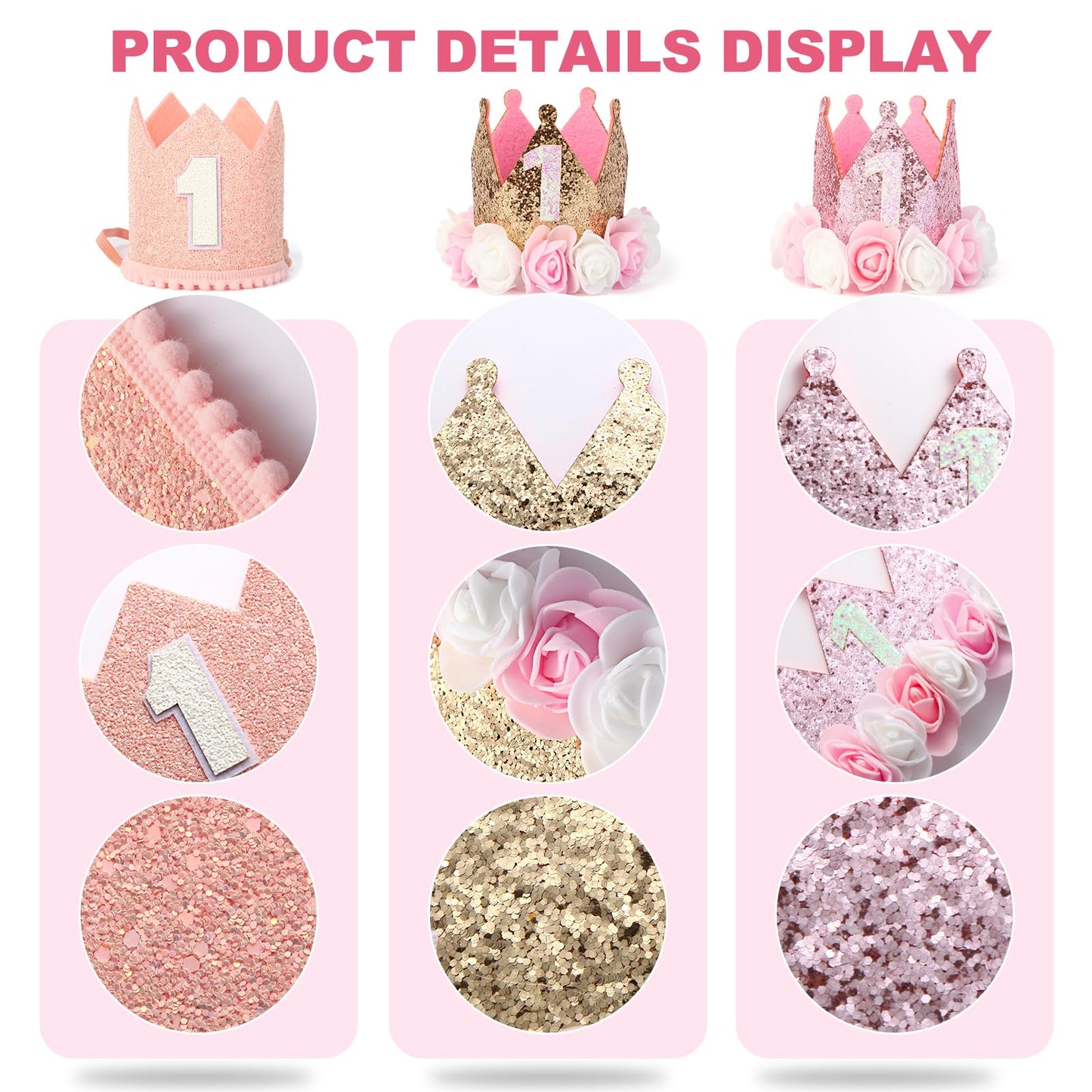 Charmory 1st Birthday Crown for Girls, Princess Party Hat with Floral Design, Baby Girl First Birthday Headband, Soft Sparkling