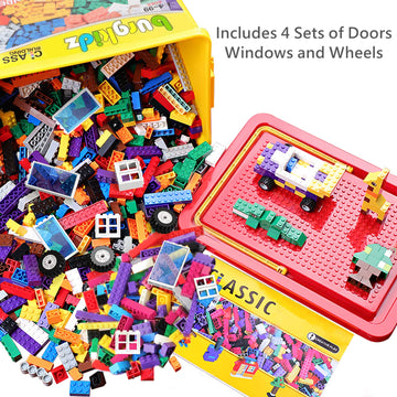 Building Bricks 1020 Pieces Set, 1000 Basic Building Blocks In 17 Fun Shapes Includes Wheels, Door, Window, Bulk Block With Storage Box, Handle And Base Plate, Compatible Block Construction Toys