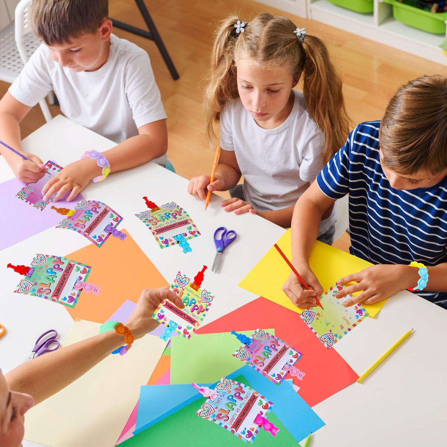 24 Packs Valentine Day Party Favors Kids, Heart Pop Fidget Toys Bulk Bracelets Cards for Kids School Classroom Prizes, Valentine