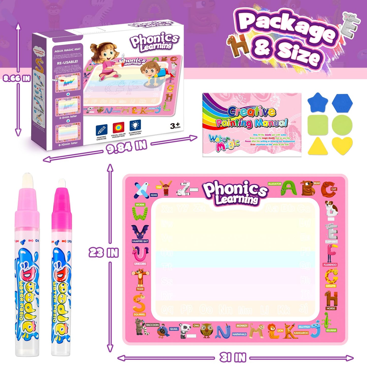 Toddler Toys For 2 3 4 5 Year Old Kids Boys Girls, Water Doodle Mat For Toddlers 2-5 Preschool Educational Learning Toys Halloween Birthday Easter Basket Stuffers Gift For 2-8 Year Old Boys Girls Pink
