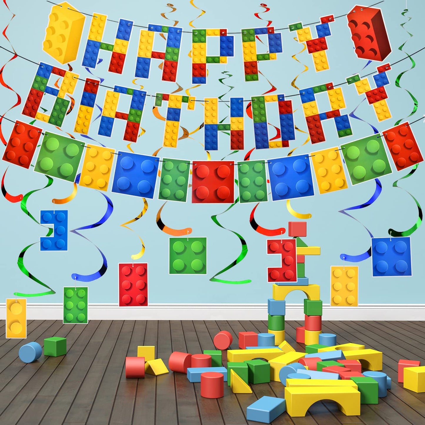 23 Pieces Building Block Birthday Party Backdrop Supplies Include Colorful Building Blocks Banners and Building Theme Hanging Sw