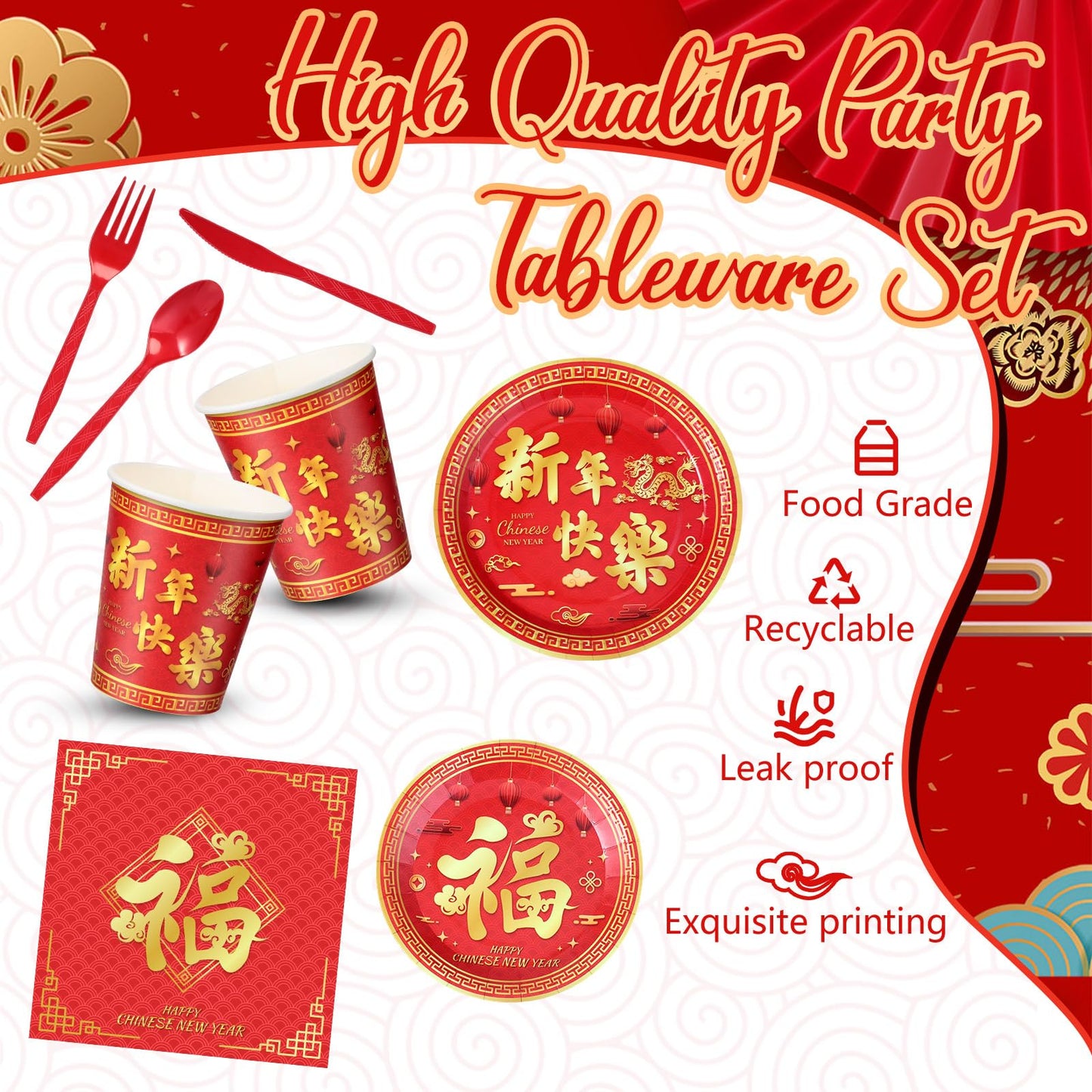 Domensi 180 Pcs Chinese New Year Party Supplies Plates Napkins Cups Serve 30 Happy New Year Party Disposable Paper Dinner Desser