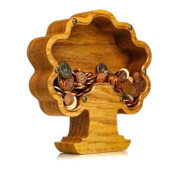 Wooden bonsai tree money box frame Piggy bank for mature-themed boy girl kid Wood Montessori gifts Personalise coin bank Tip jar Original family gift (Standard)