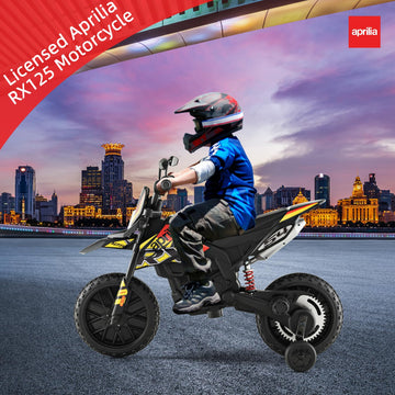 Infans Kids Motorcycle 12V, Licensed Aprilia Rx125 Electric Ride-On Motorbike For Toddlers With Training Wheels, Spring Suspension, Headlight, Music, Children Ages 3-8 (Yellow)