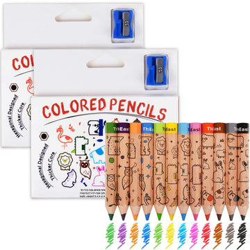 Theast 24 Short Jumbo Colored Pencils, Cute Animal Pencils For Kids Ages 3-12, Hexagonal Thick Pencils With Sharpener, Toddler Coloring Pencils Set, Pre-Sharpened(2 Sets Of 12)