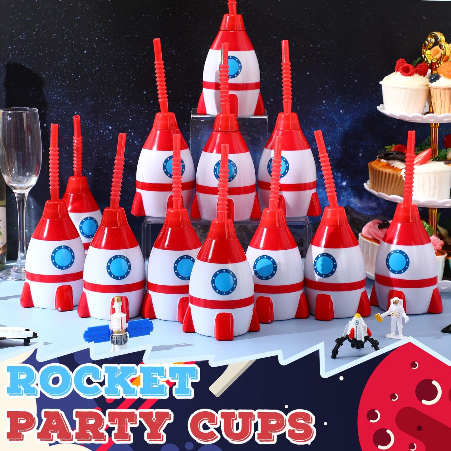 Tanlade Universe Themed Party Favor Gift Supplies Rocket Cups with Straws, Plastic Rocket Shape Cup Reusable Rocket Cups Univers