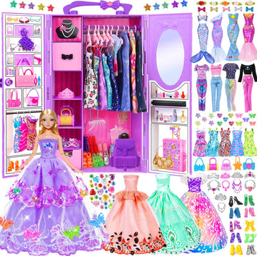 92Pcs 11.5 Inch Girl Doll With Clothes Accessories And Closet Set Including Long Princess Dress Outfits Shoes Handbags Necklaces Diy Bead Stickers For Design Kit Girl Doll Dress Up (Include Doll)