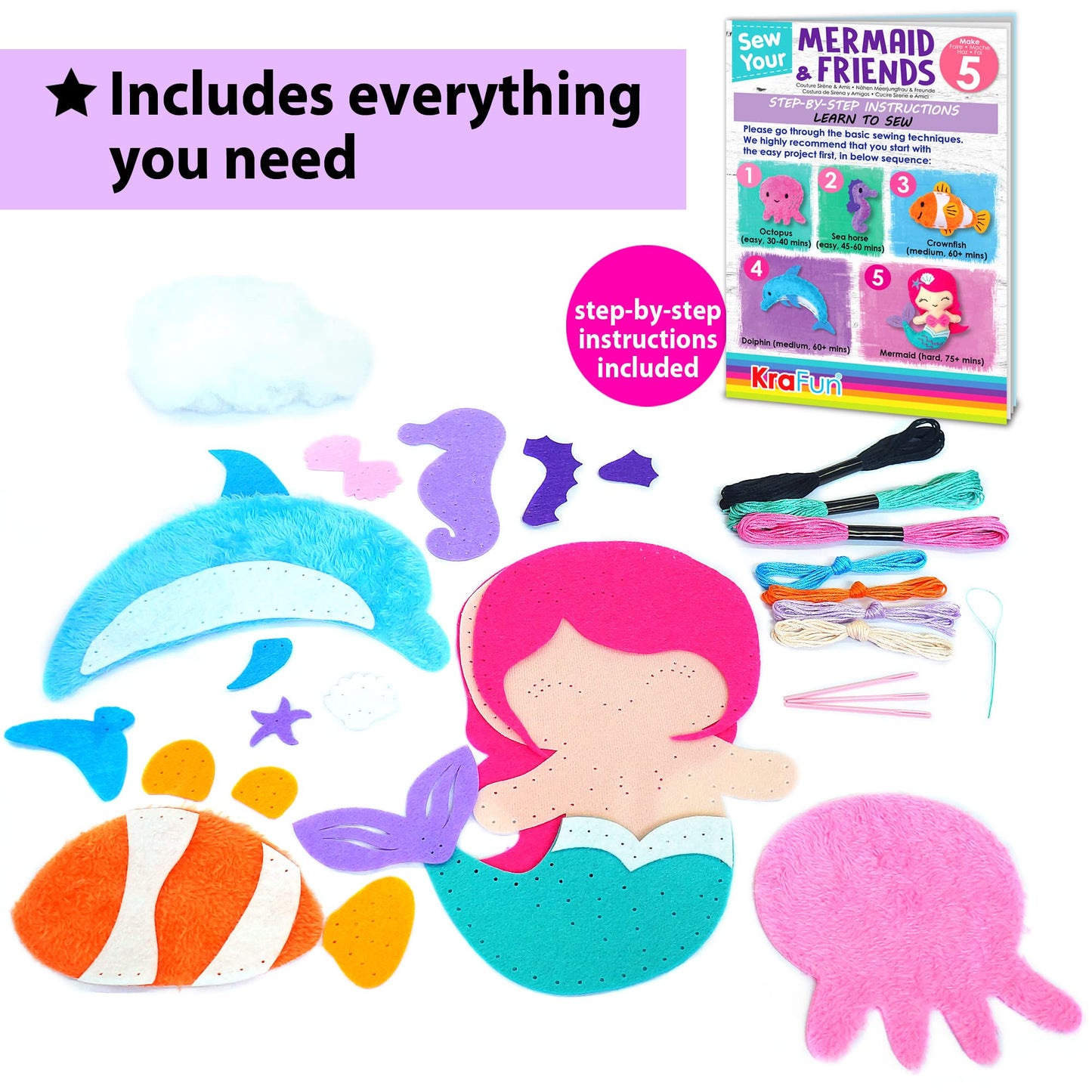 KRAFUN Mermaid Sea Animals Beginner Sewing Kit for Kids Art & Craft kit, Includes 5 Soft Plush Dolls, Instructions & Felt Materi