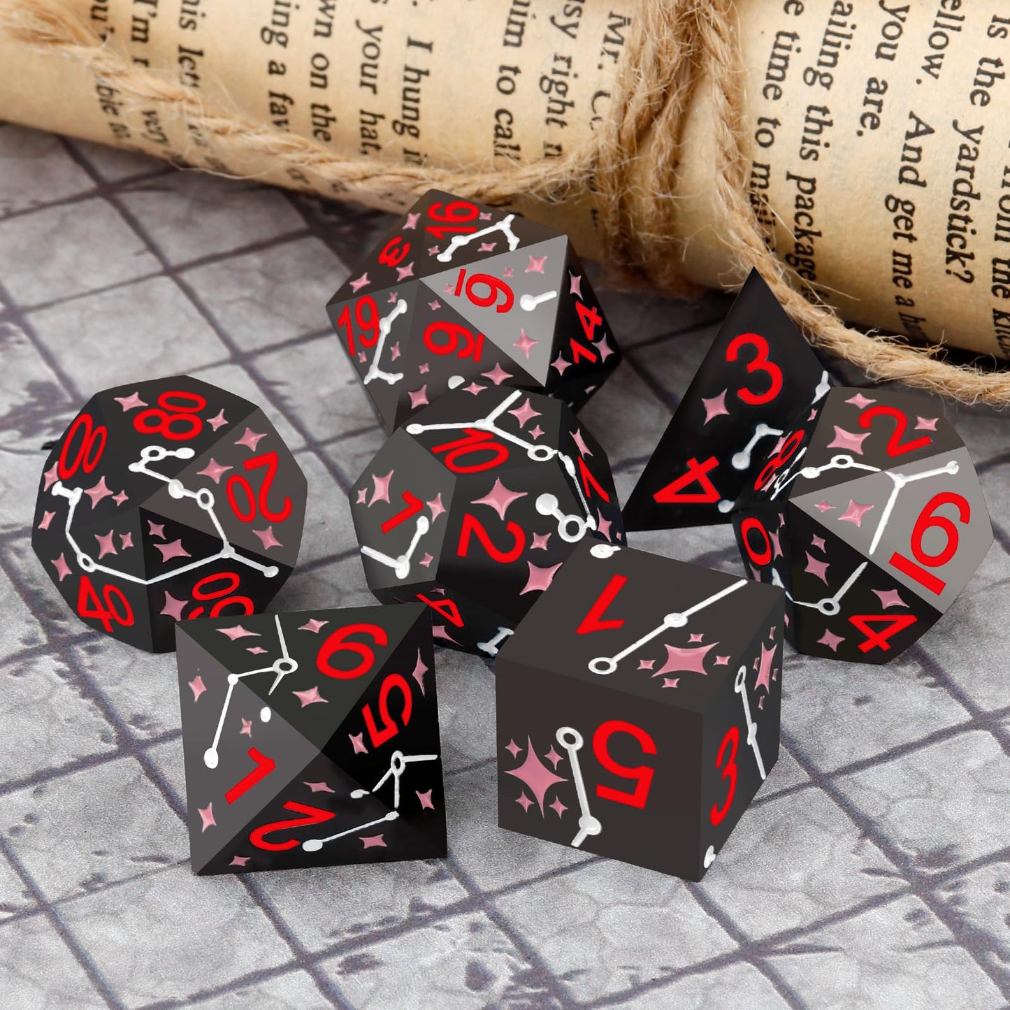 PJOY Metal Dice Set D&D Star Dice Set DND Polyhedral Dice for RPG Role Playing Games Dungeons and Dragons TTRPG Black Red Pink D