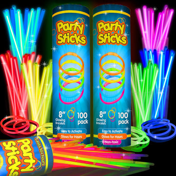 Partysticks Glow Sticks Party Supplies 200Pk - 8 Inch Glow In The Dark Light Up Sticks Party Favors, Glow Party Decorations, Neon Party Glow Necklaces And Glow Bracelets With Connectors
