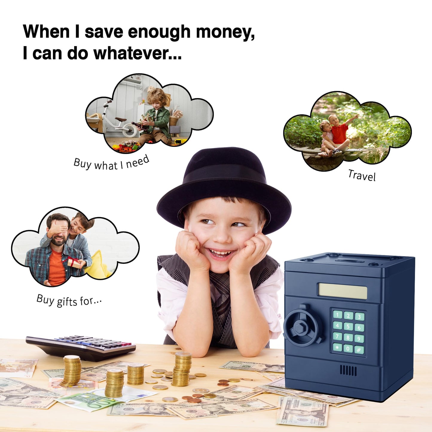 2024 Upgraded ATM Piggy Bank for Kids,Real Money Counting, Debit Card,Coin Recognition,Bill Feeder,Balance Calculator, Digital E