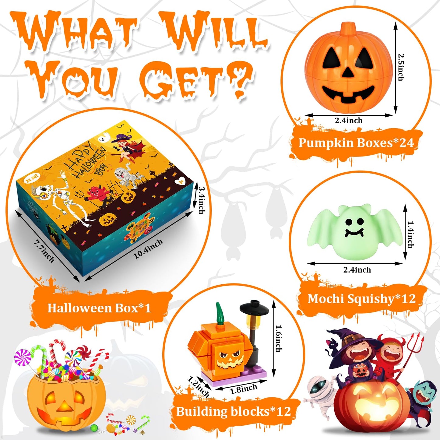 Adisher Halloween Party Favors,12Pcs Mochi Squishy 12Pcs Halloween Building Blocks and 24Pcs Pumpkin Boxes, Halloween Goodie Bag