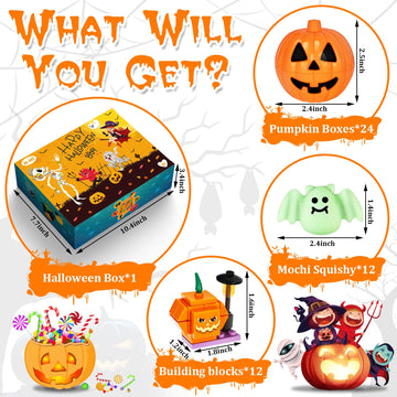 Adisher Halloween Party Favors,12Pcs Mochi Squishy 12Pcs Halloween Building Blocks and 24Pcs Pumpkin Boxes, Halloween Goodie Bag