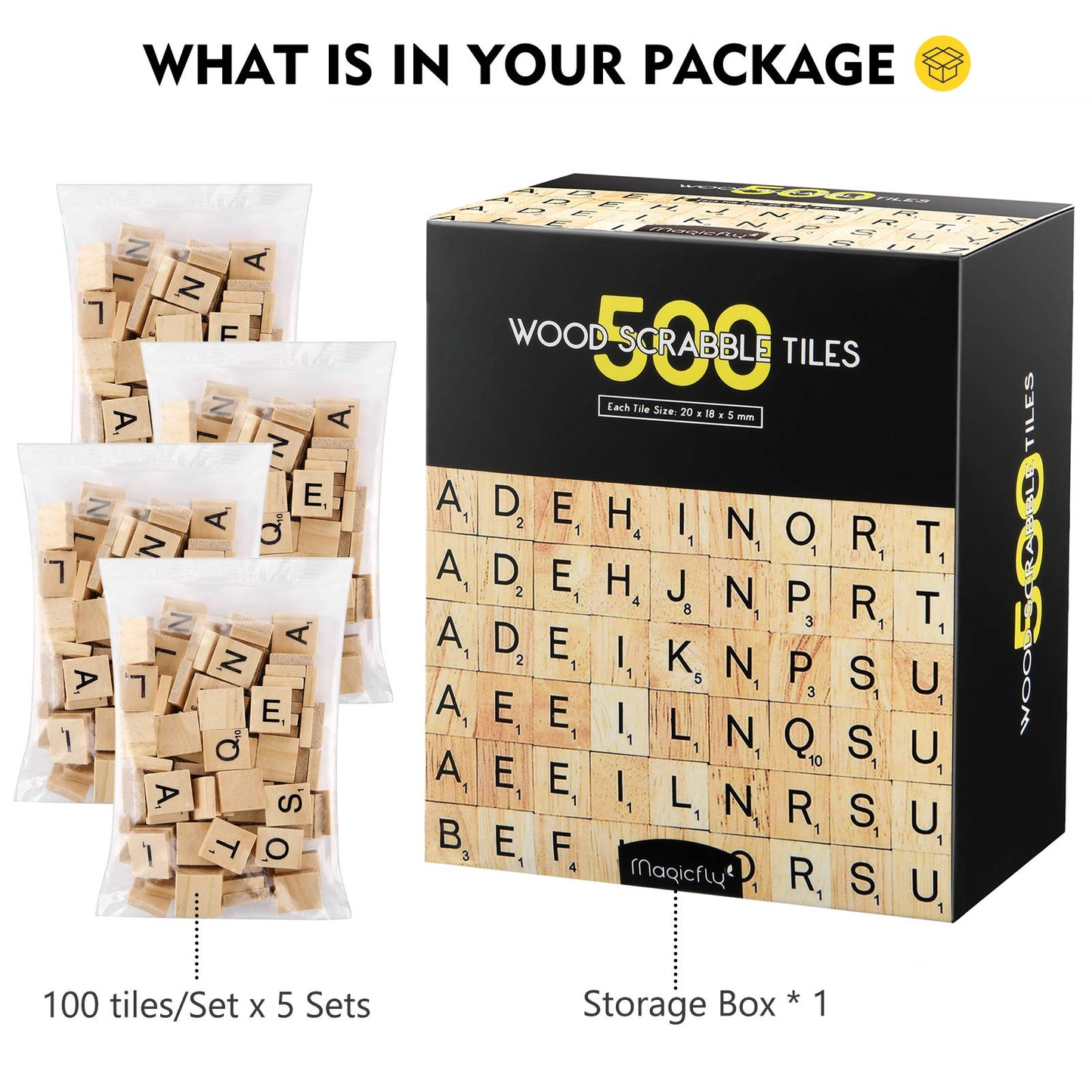 Magicfly Wooden Scrabble Tiles - 500 Natural Color Letter Tiles for Crafts, Spelling, and Games (Model JW040)