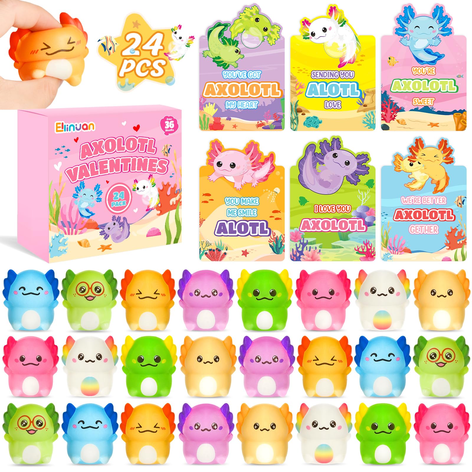 Ellinjan Valentines Day Gifts for Kids Classroom School, 24 Packs Valentines Day Card with Axolotl Squishy Toys, Valentine Kids 