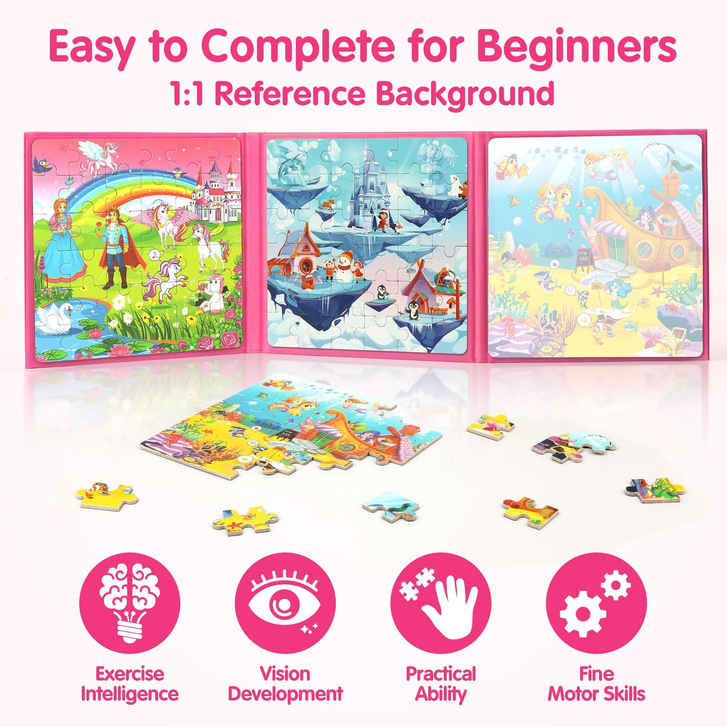 SYNARRY Unicorn Princess Mermaid Magnetic Puzzles for Toddlers 3-5, 36 Pieces Travel Puzzles for Kids Ages 4-8, Airplane Car Roa