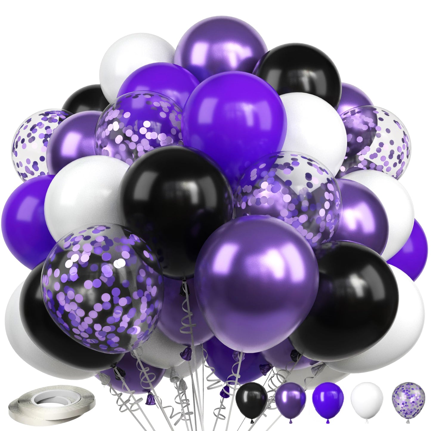 Purple And Black Balloons, 12 Inch 60 Packs Dark Purple White Black Balloons With Metallic Confetti Latex Purple Balloons For Ha