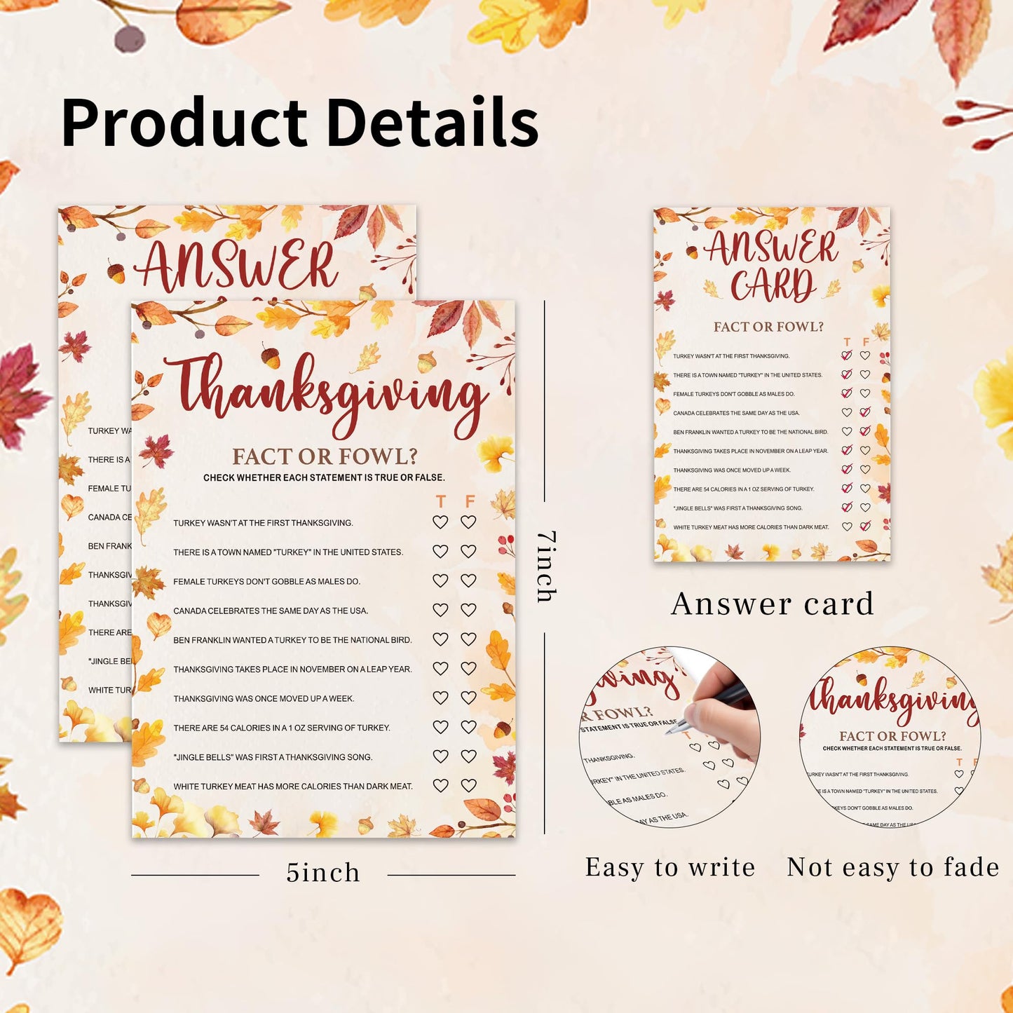 Bltgh Thanksgiving True or False Game Card Fun Fall Party Icebreaker for Family and Friends Autumn Holiday Gathering Activity 5x7 Inch Cards with Answer Card