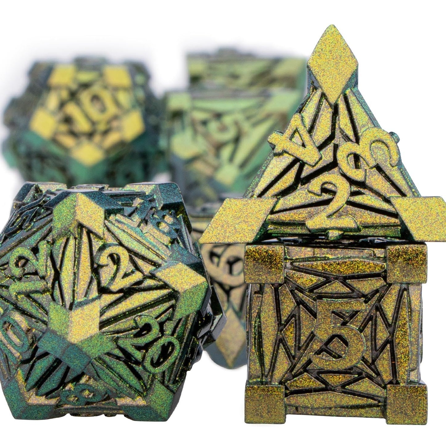 ORIFANTOU 7PCS Metal DND Dice Set Green Yellow D&D Dice with Box, Debris RPG D and D Dice Dungeons and Dragons Role Playing Game