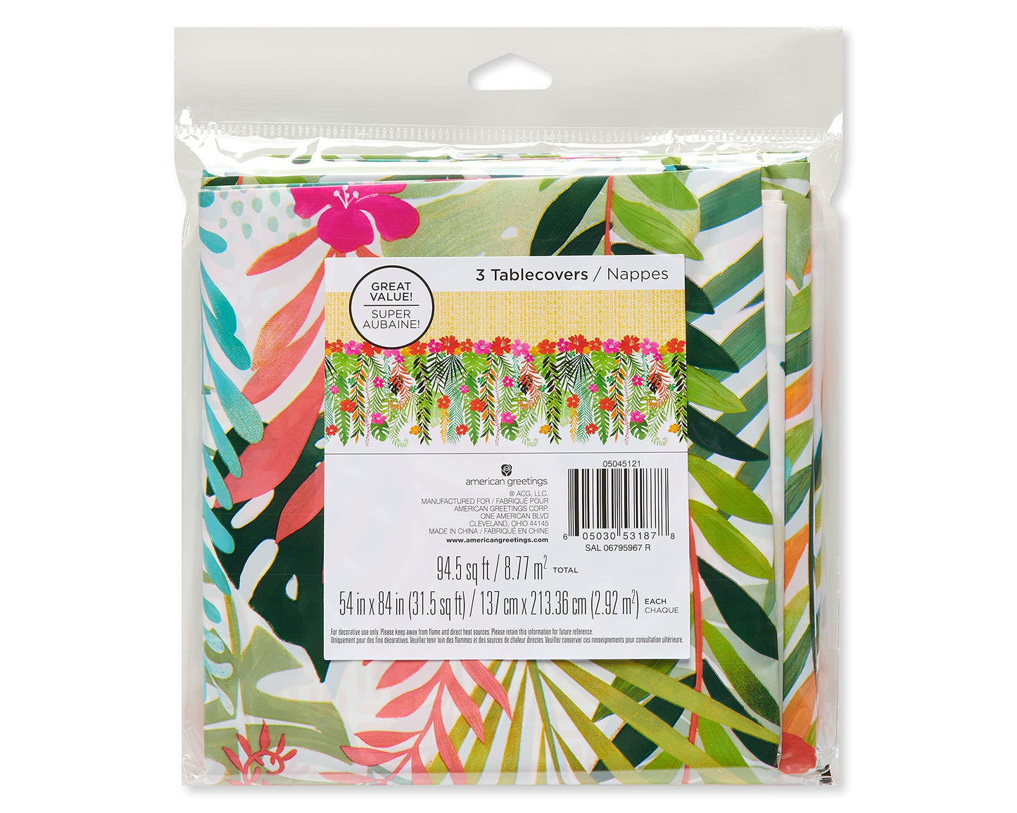 American Greetings Tropical Luau Party Supplies for BBQs and All Summer Parties, Plastic Table Covers (3-Count)