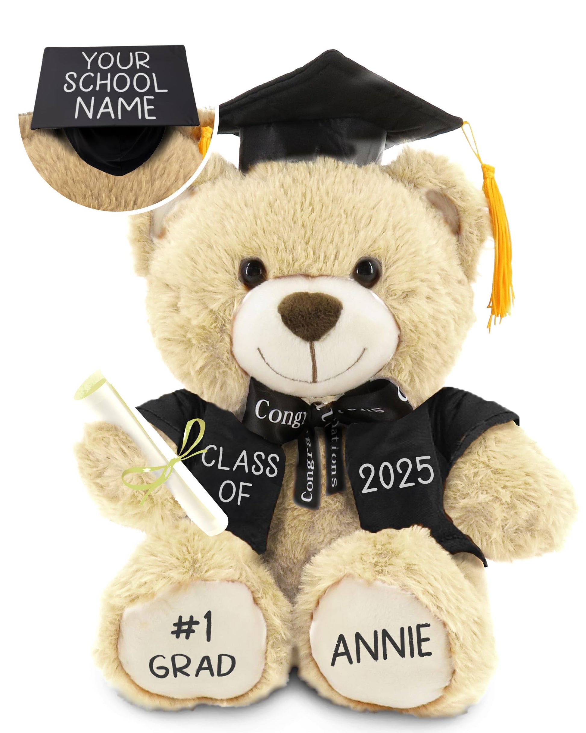 Personalized Graduation Teddy Bear Gift 2025 For Her, For Him, For College, High School, 12 Inch - Cute Custom Beige Bears With