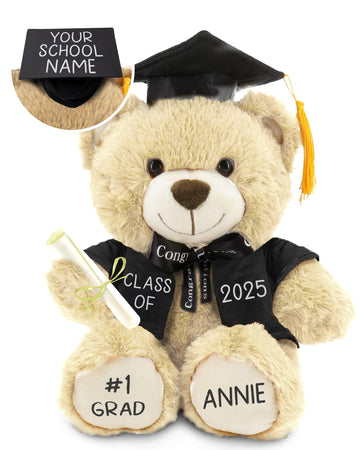 Personalized Graduation Teddy Bear Gift 2025 For Her, For Him, For College, High School, 12 Inch - Cute Custom Beige Bears With