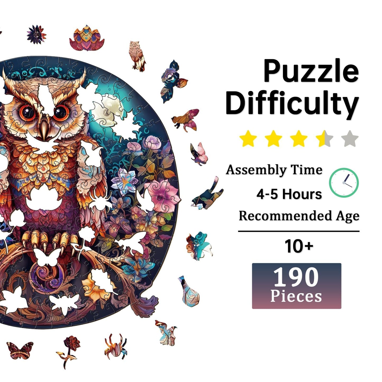 Jigfoxy Wooden Puzzles for mature-themeds  Owl Wood Puzzles mature-themed  Unique Animal Shape Wooden Jigsaw Puzzles  Birthday Gifts for Puzzles Lovers Family Friend (M-11.4 * 11.4in-190pcs)