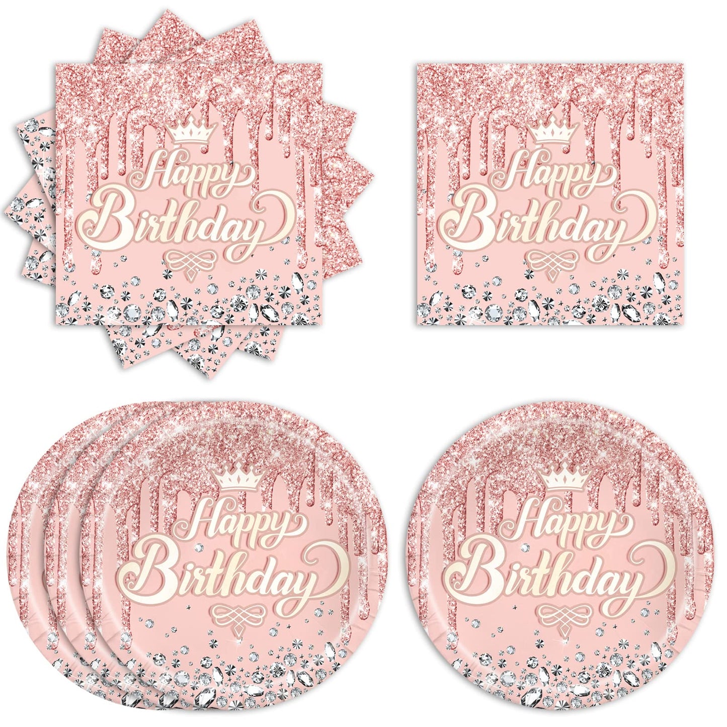 Rose Gold Birthday Decorations-20 Plates and 20 Napkins, Pink Rose Gold Theme Happy Birthday Party Decoration for Kids(Rose Gold