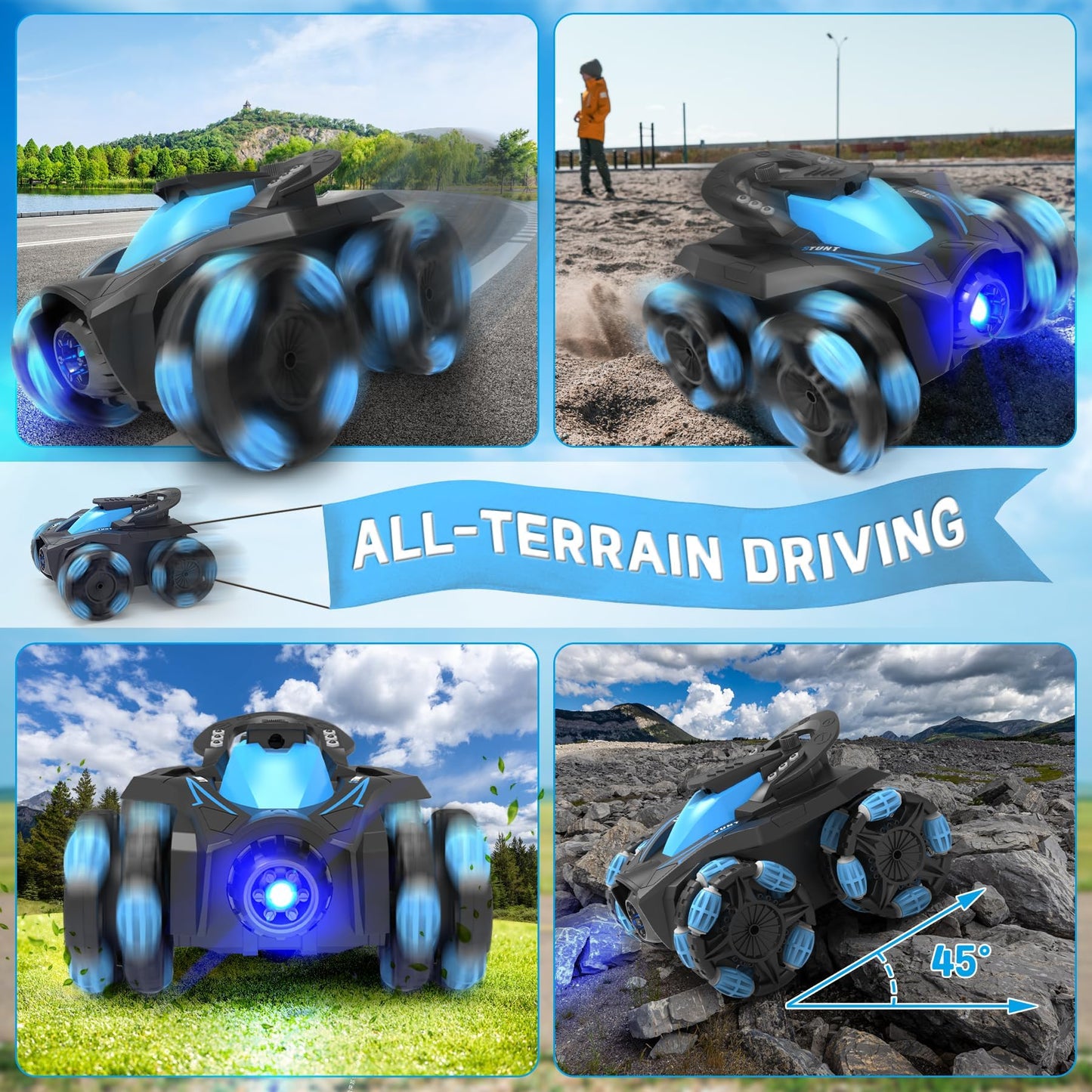 Eulogia RC Stunt Car for Boys 5-12, High Speed 360 Rotating, Drift 4WD Remote Control Car with Headlights, 2.4GHz Electric Recha