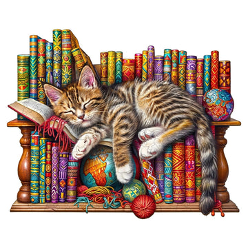 Wooden Puzzles for mature-themeds  Snoozing Cat Wooden Jigsaw Puzzles for mature-themeds  Library Kitten Wood Puzzles mature-themed  Unique Animal Shape  Gifts for Cat Lovers & Friends  Home Decor (S -8.5 * 6.9in -100 pcs)