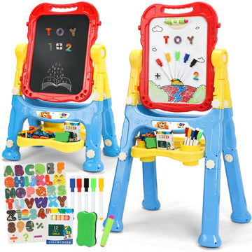 STEAM Life Large Art Easel for Kids, Double-Sided 4In1 Toddler Easel with Rotable Magnetic Chalkboard & White Drawing Board, Hei