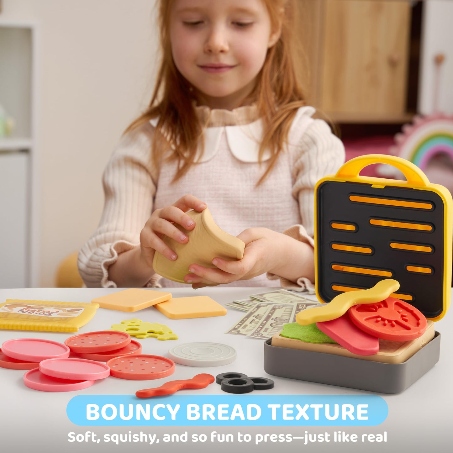 Play Food Toy For 3 4 5 6 Year Old Kids, 35 Pcs Play Kitchen Accessories, Interactive Panini Sandwitch Making Toy With Menu And