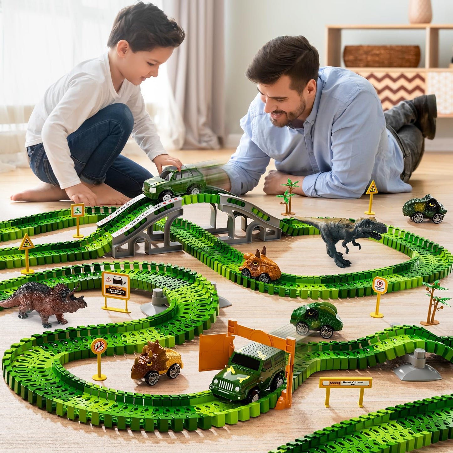 Ihaha 169 Pcs Dinosaur Race Car Track Toys For Kids Toddler Boys Ages 1-3 3-5 4-7, Dinosaur Race Tracks Toys With Light, Sound &