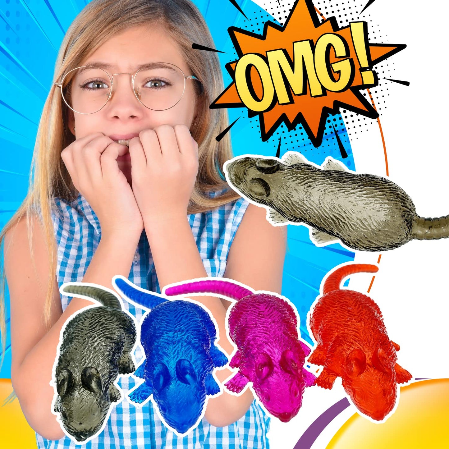JA-RU Sticky Stretchy Rubber Rat Toys (4 Rats) Squishy Sticky Fidget Toys for Kids. Funny Halloween Pranks, Joke, & Gag Gift. An