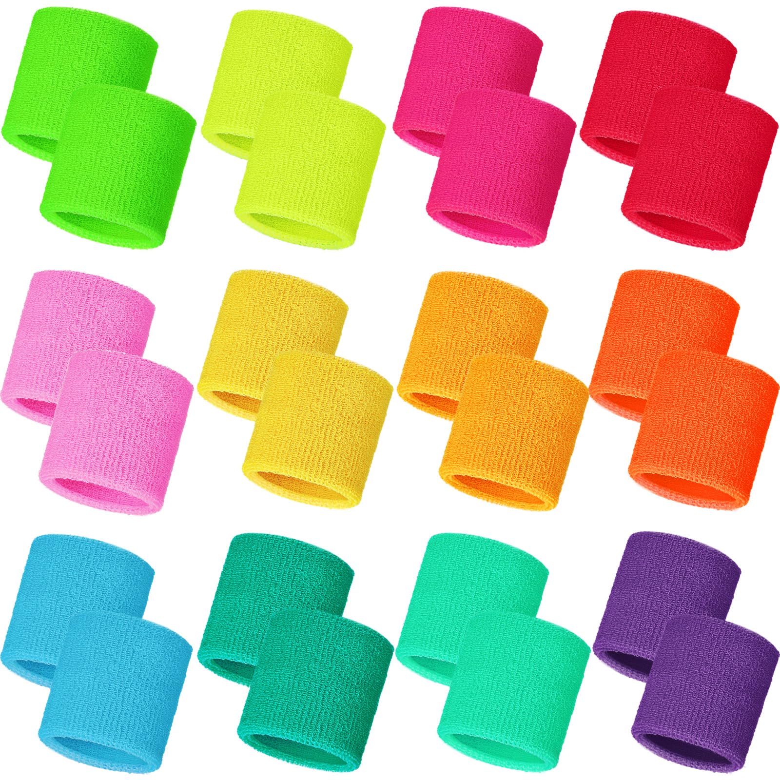 Bememo 24 Pcs Neon Wristbands For Kids End Of The Year Student Gifts Bulk Tennis Wrist Sweatbands 80S Neon Youth Basketball Wris