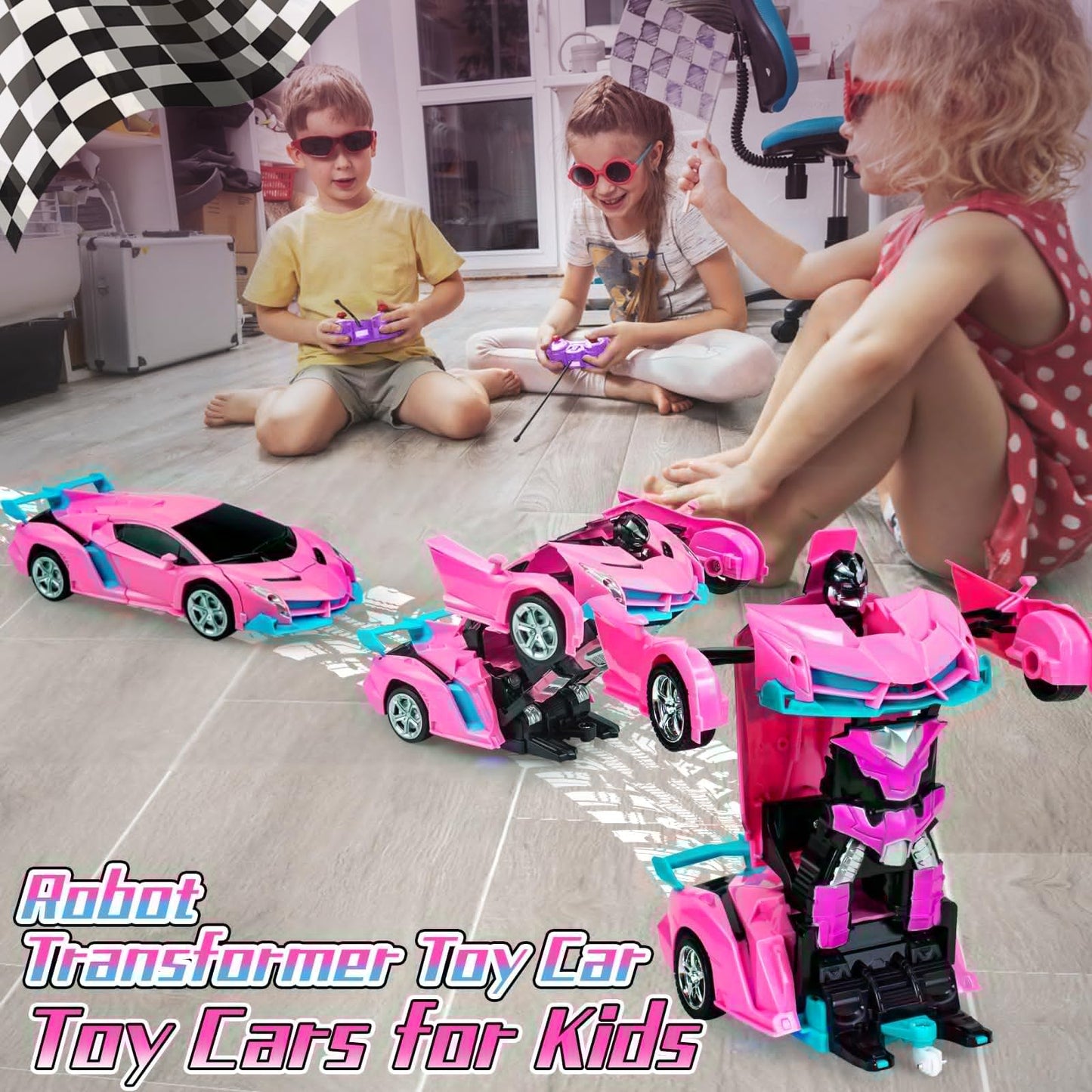 Ynybusi Pink Remote Control Car, Transformation Robot Rc Cars For Kids Girls Boys Gift, 1:18 Scale Racing Car With One-Button De