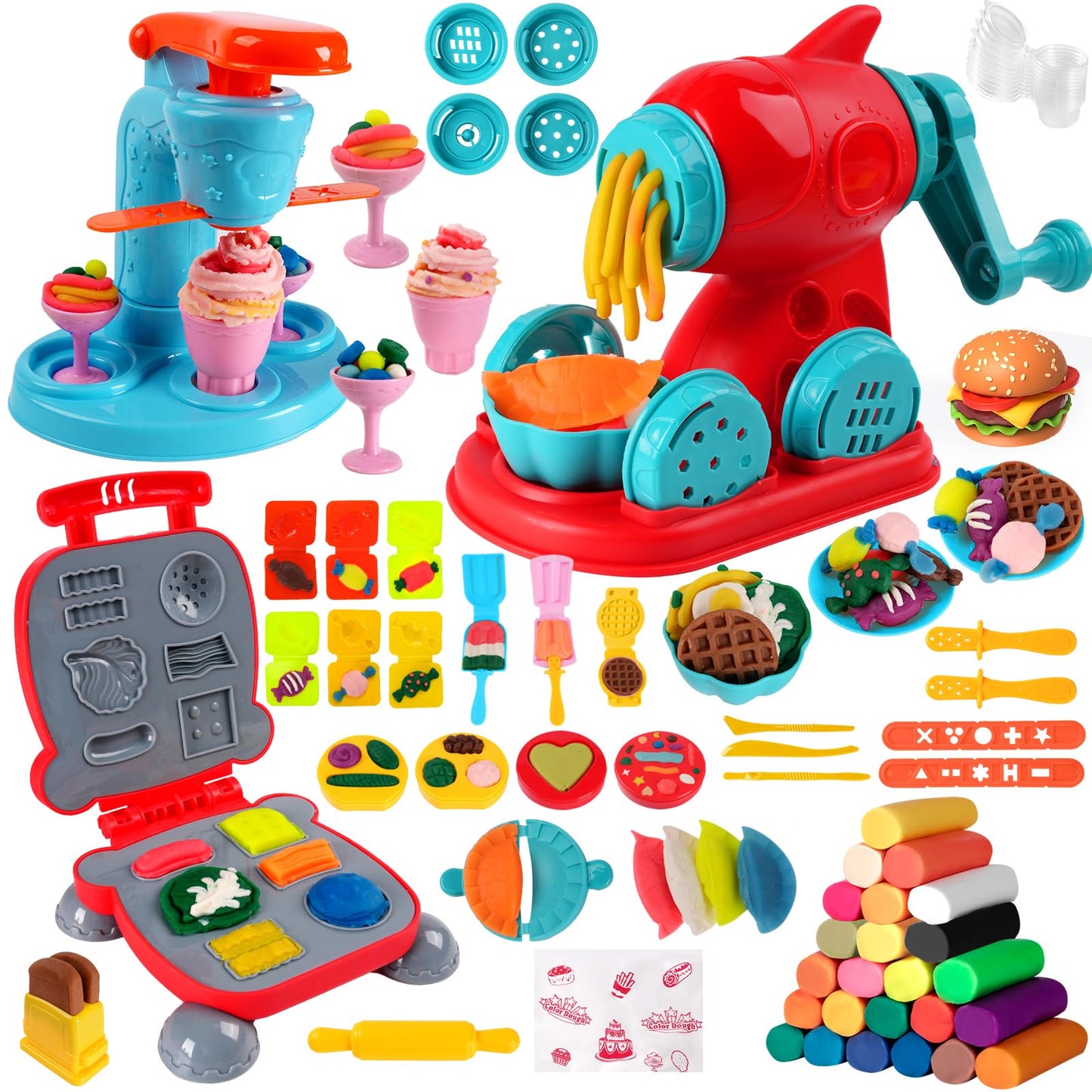 3-in-1 Color Dough Kitchen Creations Set for Kids Aged 3-8, 24 Colors Dough Playset with Ice Cream/Noodle/Hamburger Makers, Food