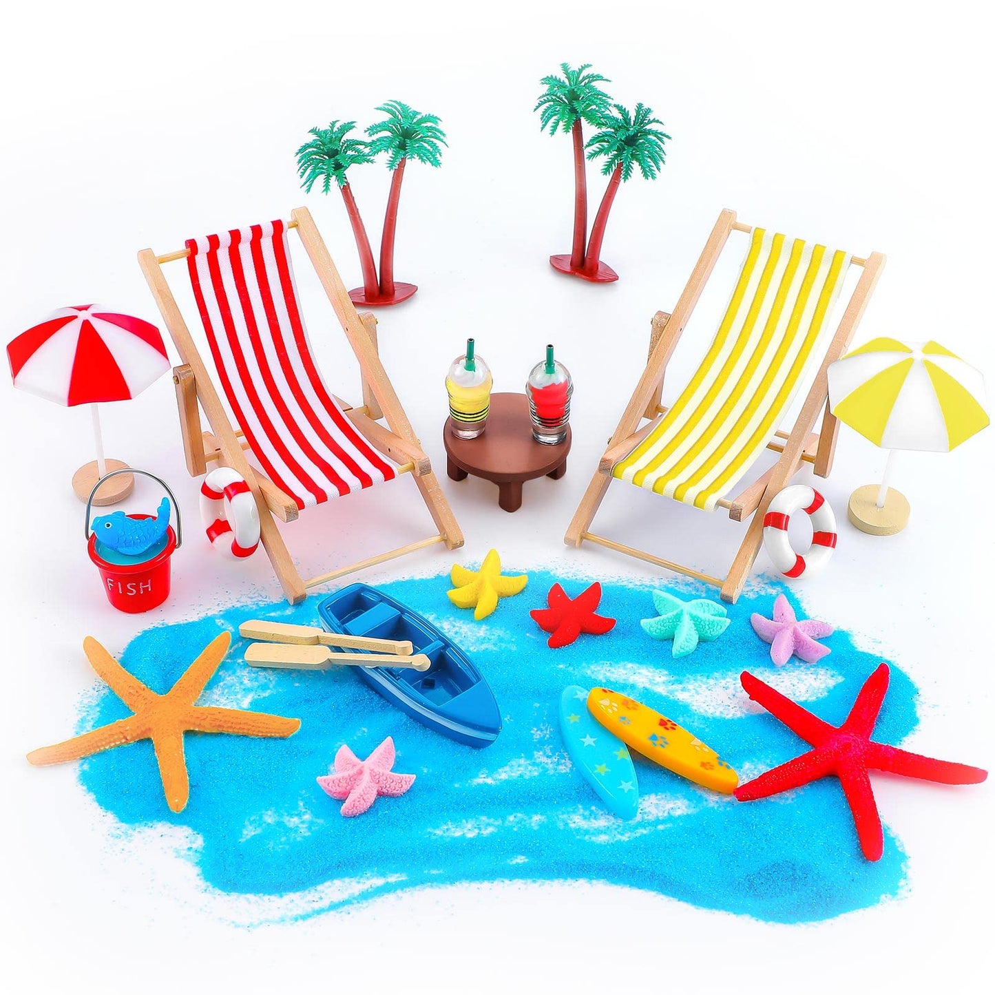 Minatee 25 Pcs Beach Miniature Dollhouse Decoration, Umbrella Palm Chair Miniature Toys Garden Decorations Dollhouse Outdoor Acc