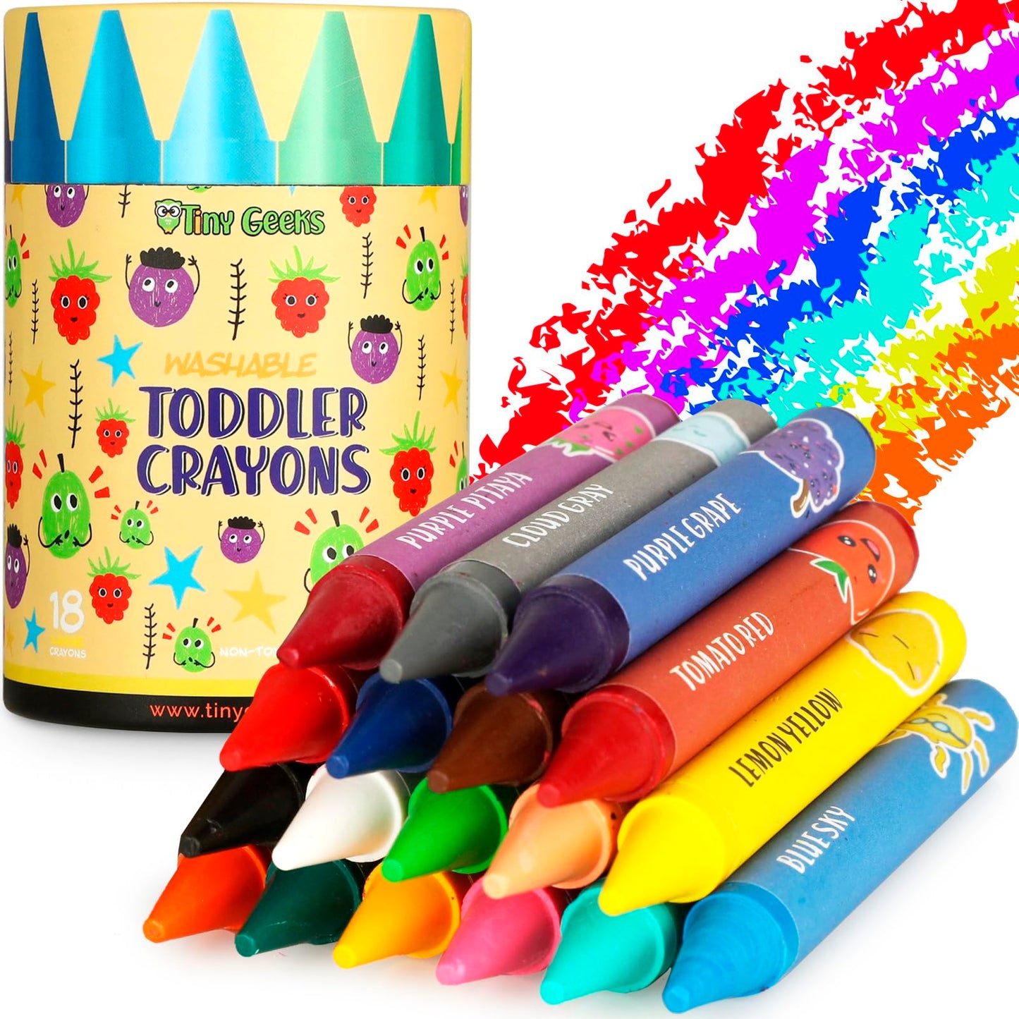 TinyGeeks 18 Colors Jumbo Crayons + Non Toxic Crayons for Toddlers 1-3 | Washable Crayons for Kids Ages 4-8 | Easy To Hold Large
