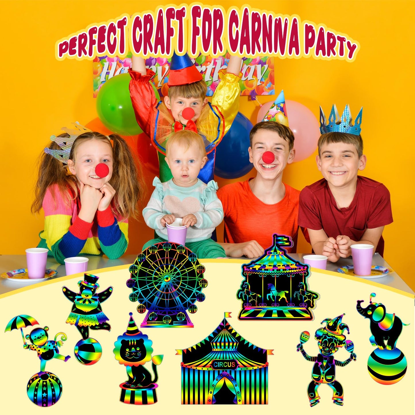 RoundFunny 80 Pcs Carnival Cutouts Scratch Cards Circus Theme Party Crafts Kids Colorful Circus Animals Scratch Paper for DIY wi