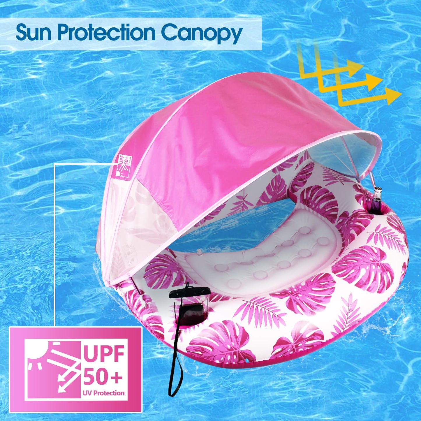 COOLCOOLDEE Inflatable Pool Chair Float with Shade, Large Pink Vinyl, Model CCD03, Heavy Duty with Cup Holder & Backrest