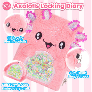Axolotl Diary for Girls with Lock  Plush Axolotl Toys Gift for Teen Girls Back to School  Kids Writing Journal Notebook  Birthday Gifts for Little Girls Ages 5 6 7 8 9 10-12 Year Old